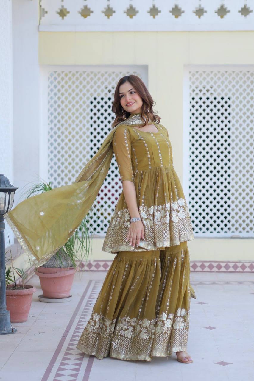 Elegant Pure Simmar Sharara Set with Heavy 3mm Sequence Embroidery Work