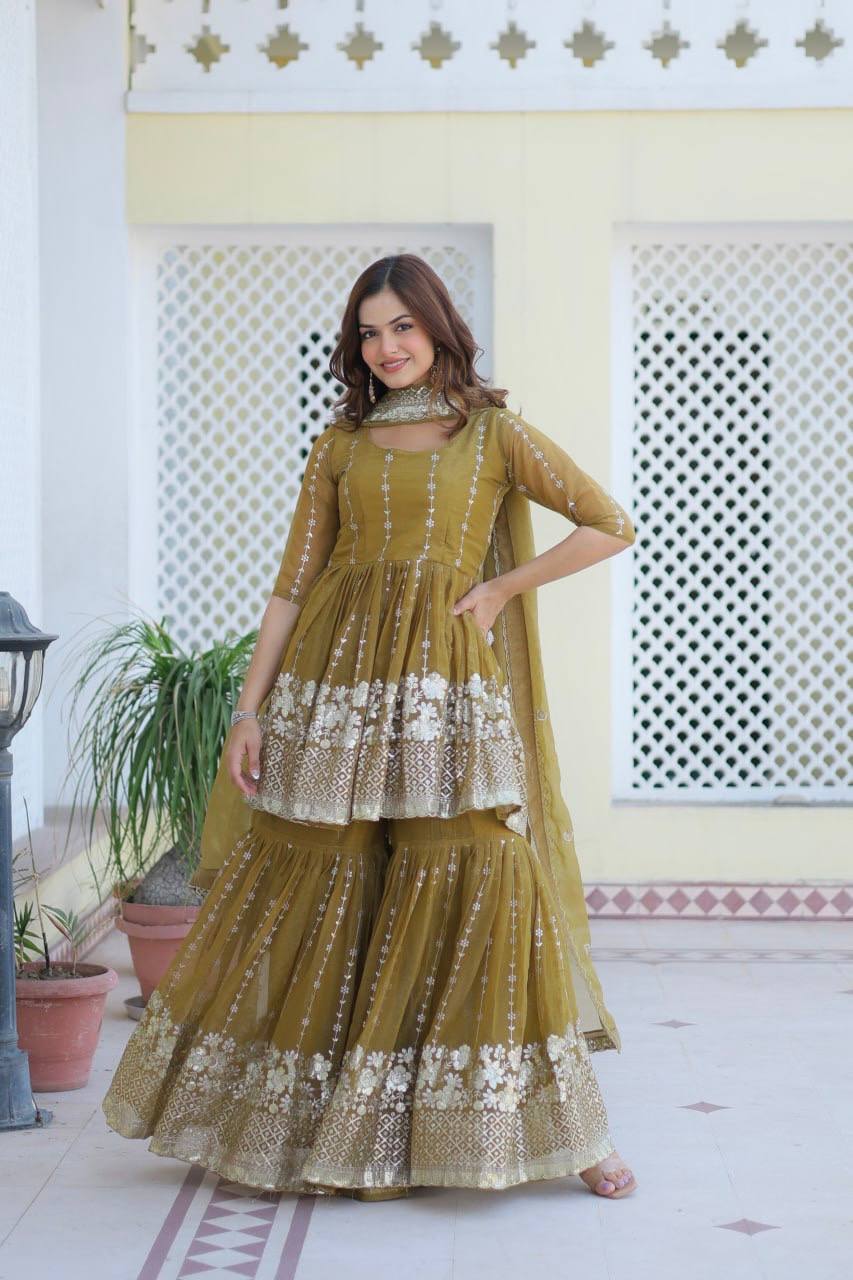 Elegant Pure Simmar Sharara Set with Heavy 3mm Sequence Embroidery Work
