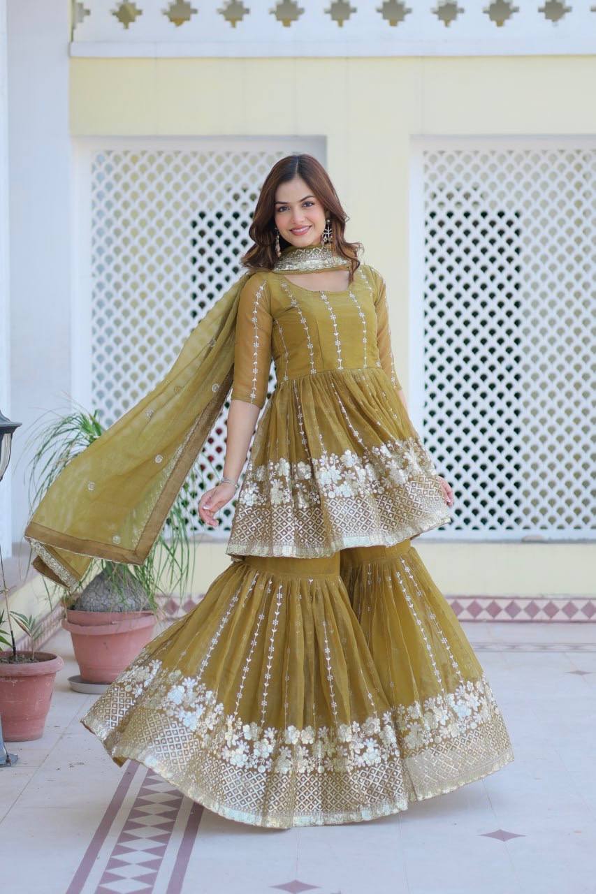 Elegant Pure Simmar Sharara Set with Heavy 3mm Sequence Embroidery Work