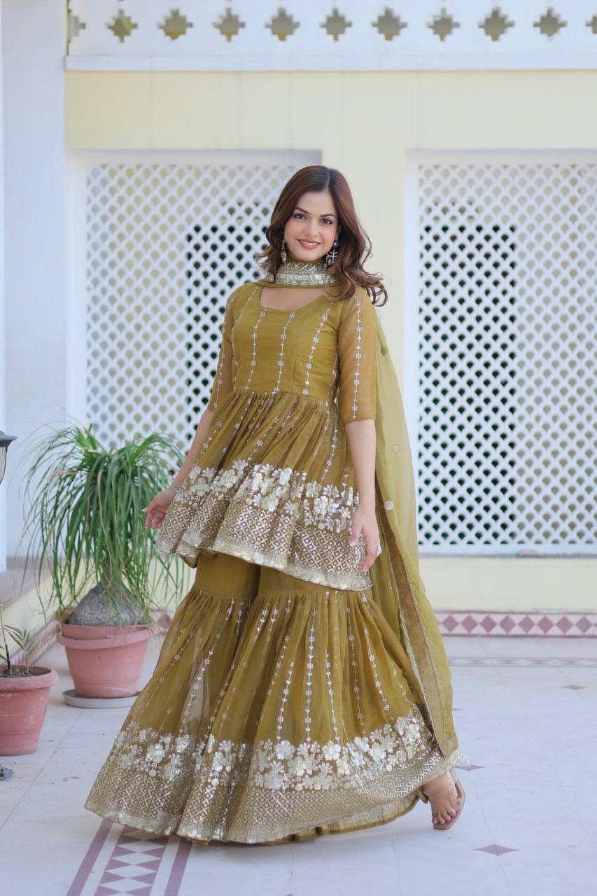 Elegant Pure Simmar Sharara Set with Heavy 3mm Sequence Embroidery Work