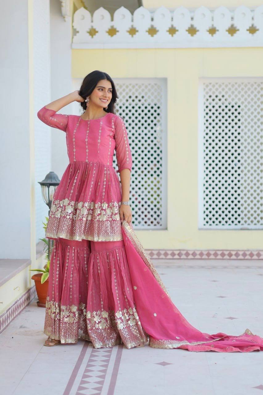 Elegant Pure Simmar Sharara Set with Heavy 3mm Sequence Embroidery Work