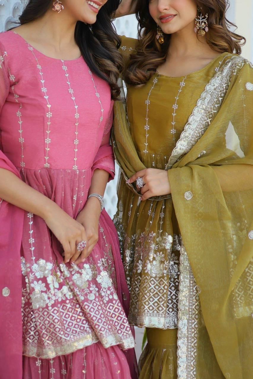 Elegant Pure Simmar Sharara Set with Heavy 3mm Sequence Embroidery Work