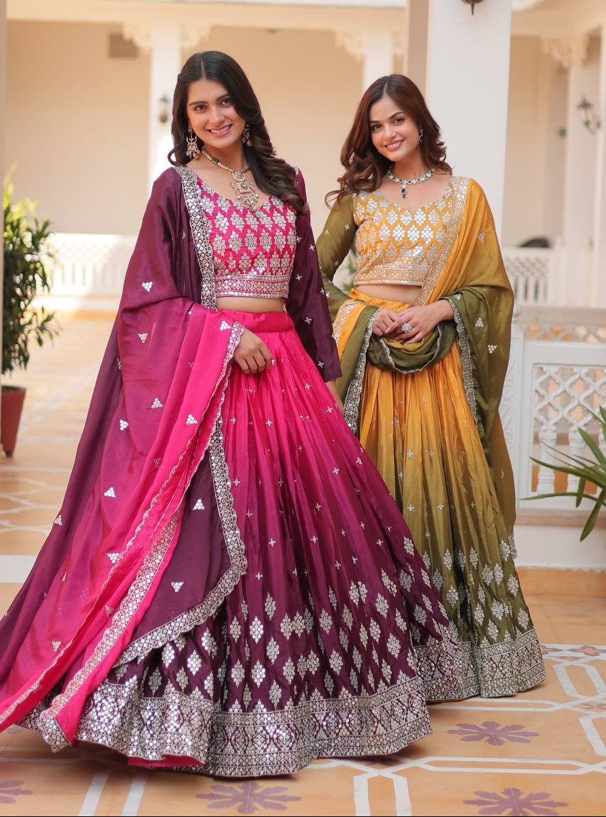 Pure Padding Chinon Sequins Embroidered Lehenga Choli With Dupatta