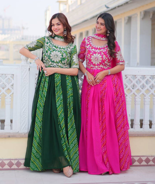 Pure Bandhej Faux Georgette Embroidered Gown Set With Dupatta