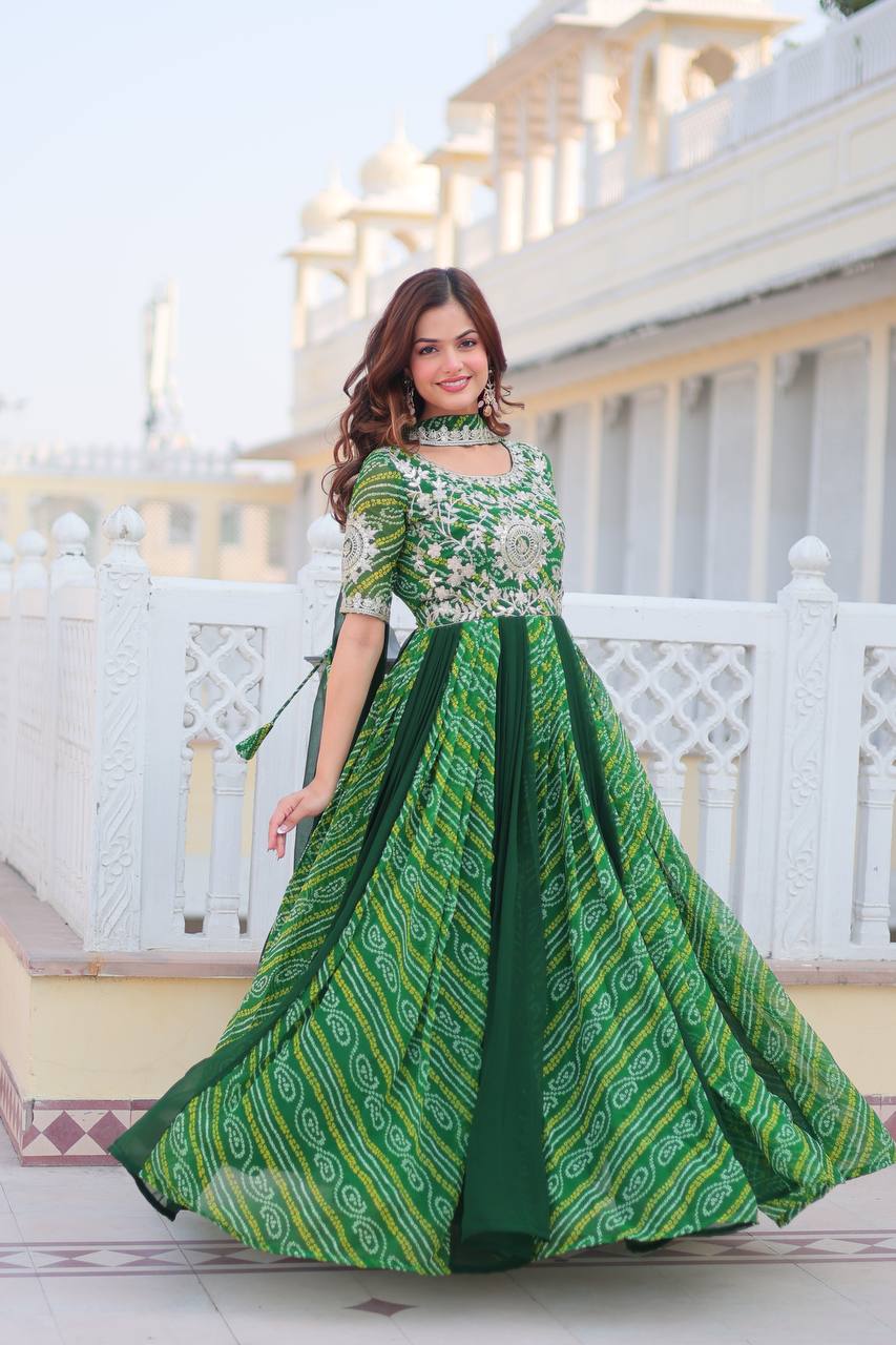 Pure Bandhej Faux Georgette Embroidered Gown Set With Dupatta
