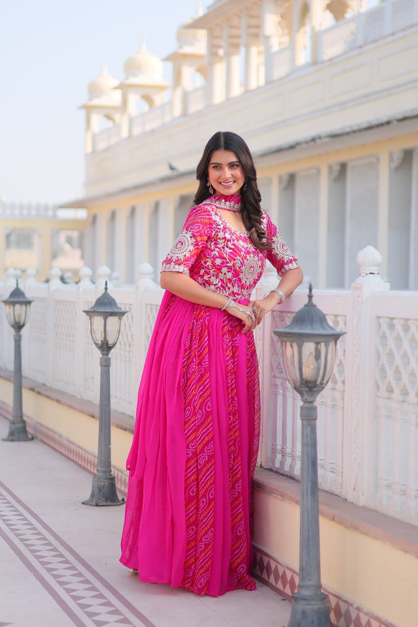 Pure Bandhej Faux Georgette Embroidered Gown Set With Dupatta