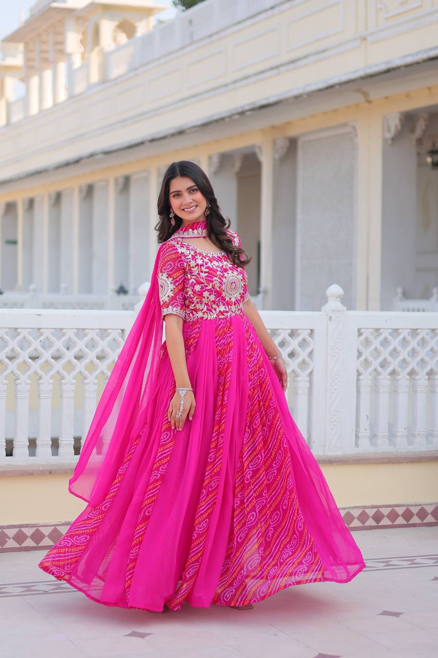 Pure Bandhej Faux Georgette Embroidered Gown Set With Dupatta