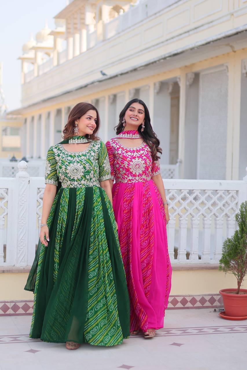 Pure Bandhej Faux Georgette Embroidered Gown Set With Dupatta