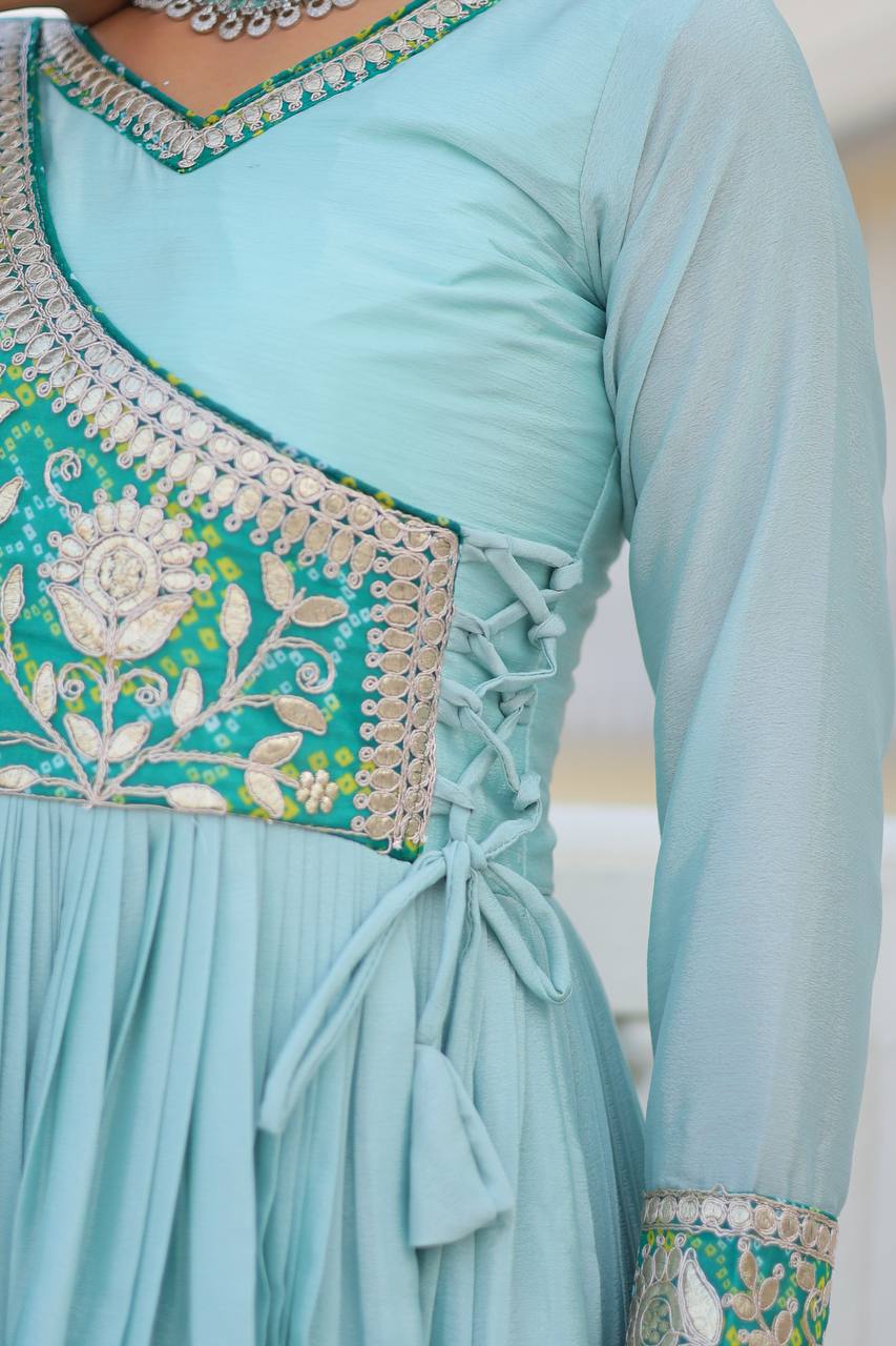 Pure Chinon & Bandhej Gown Set With Jacket and Hand Purse