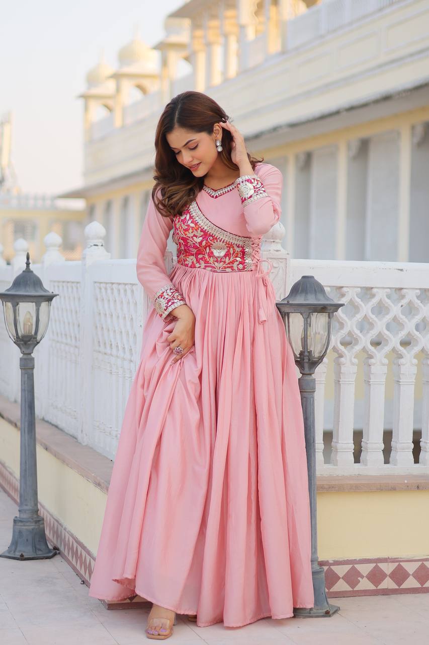 Pure Chinon & Bandhej Gown Set With Jacket and Hand Purse