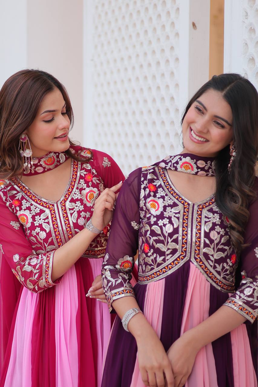 Spectacular Two Tone Faux Georgette Embroidered Gown With Dupatta