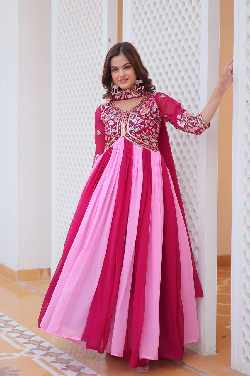 Spectacular Two Tone Faux Georgette Embroidered Gown With Dupatta