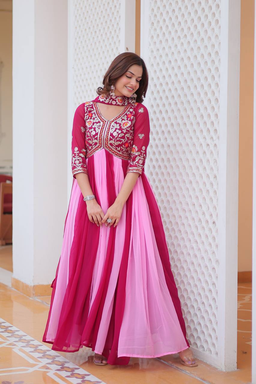 Spectacular Two Tone Faux Georgette Embroidered Gown With Dupatta