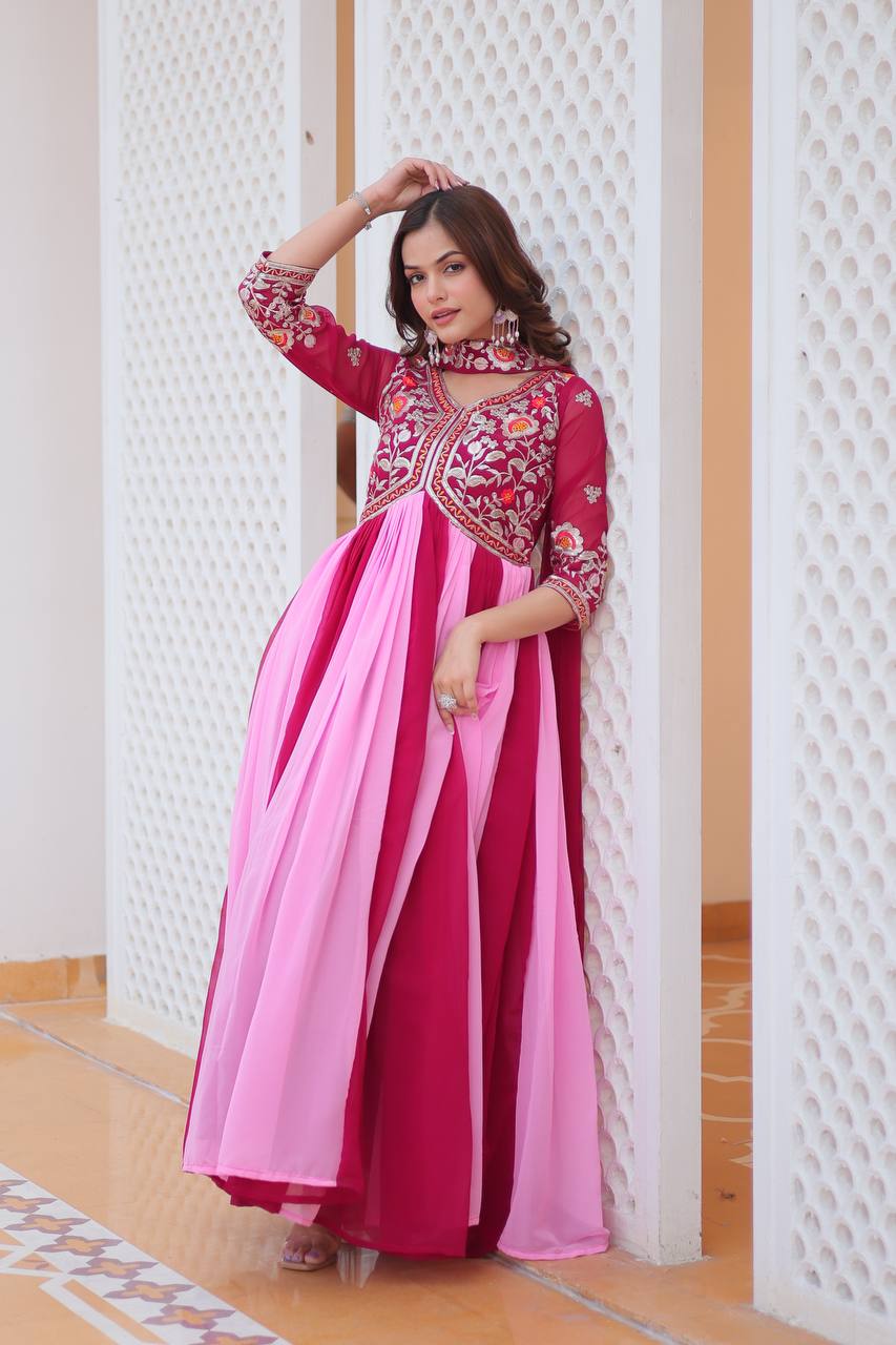Spectacular Two Tone Faux Georgette Embroidered Gown With Dupatta