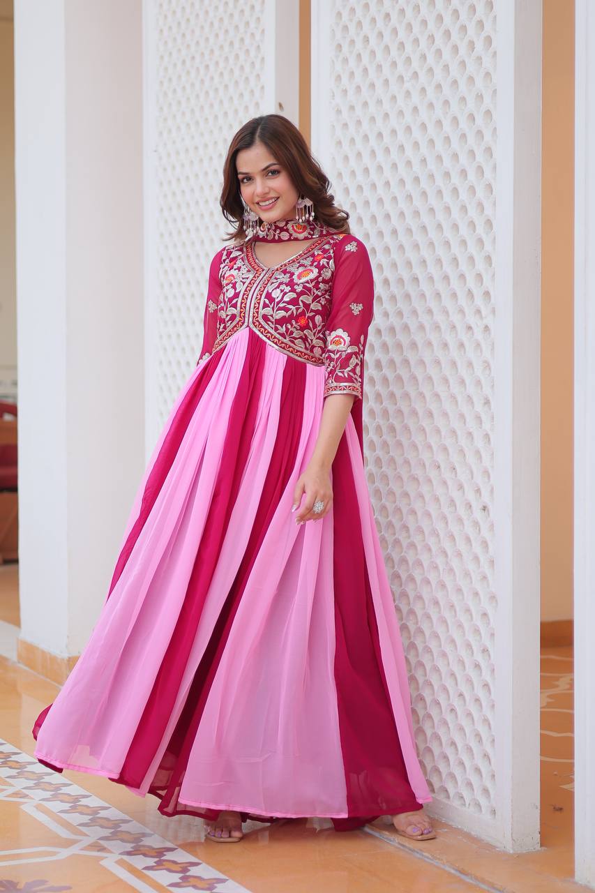 Spectacular Two Tone Faux Georgette Embroidered Gown With Dupatta