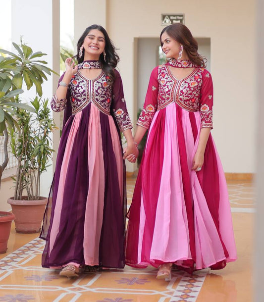 Spectacular Two Tone Faux Georgette Embroidered Gown With Dupatta