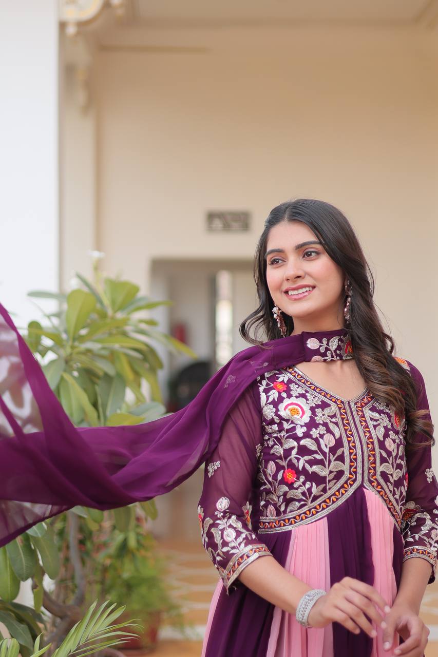 Spectacular Two Tone Faux Georgette Embroidered Gown With Dupatta