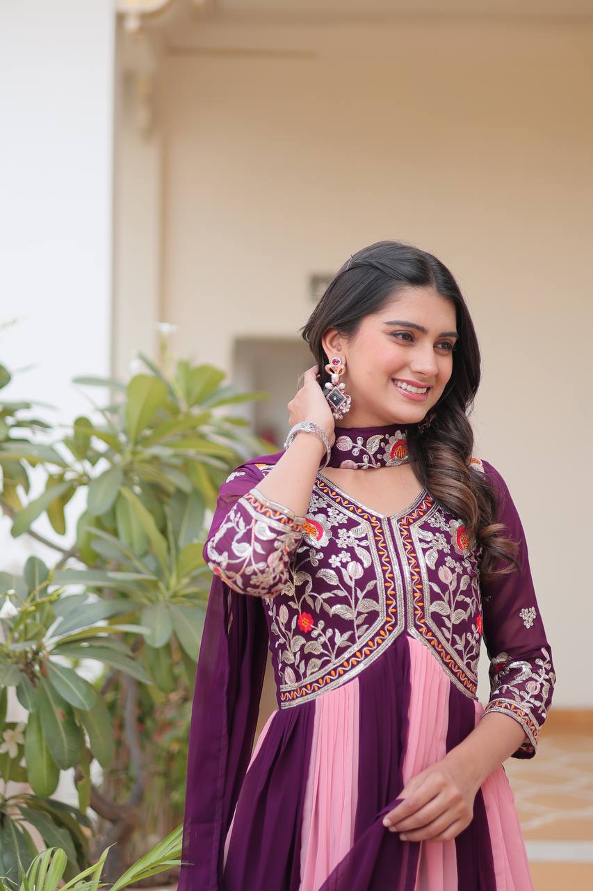 Spectacular Two Tone Faux Georgette Embroidered Gown With Dupatta