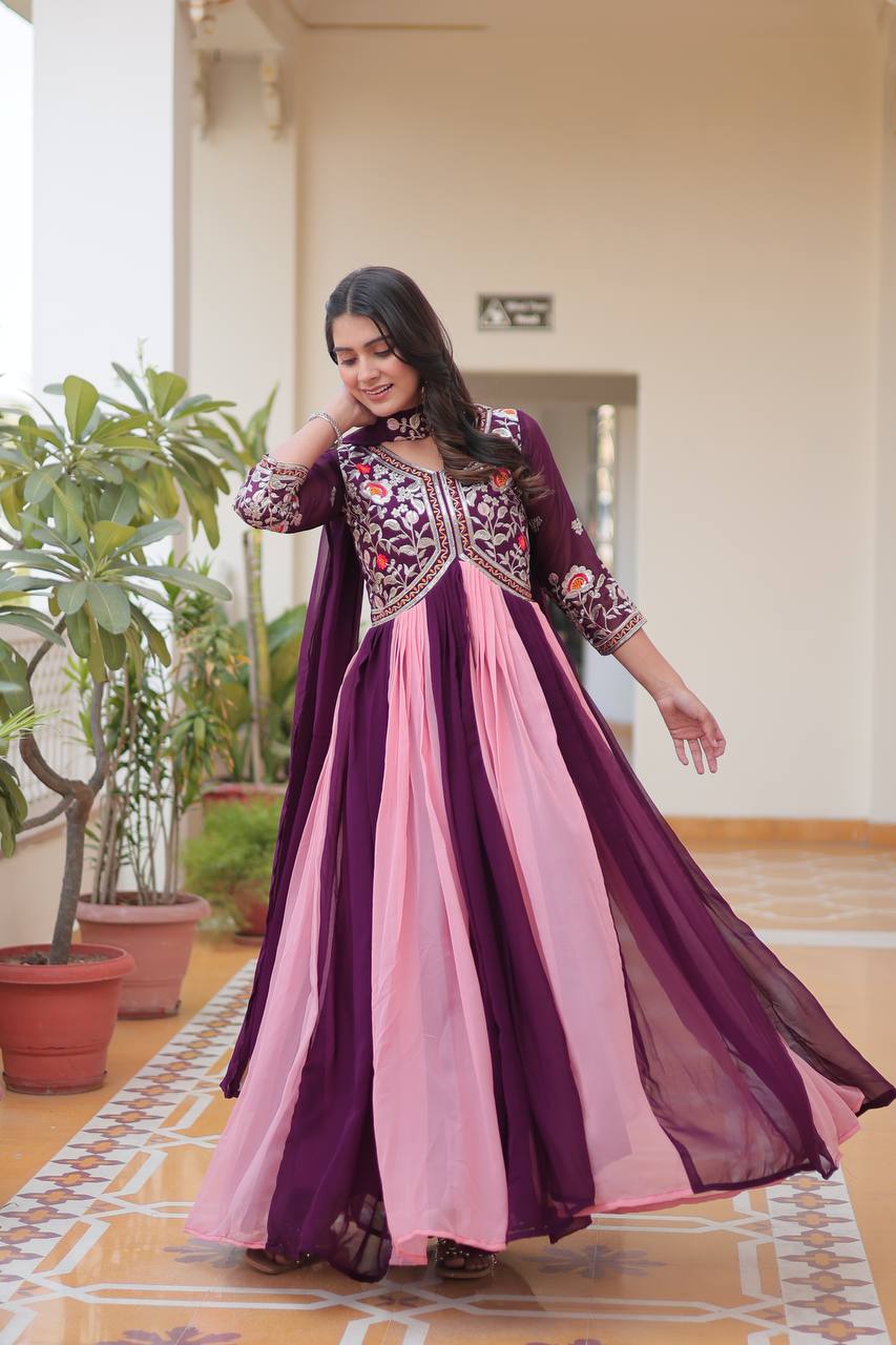 Spectacular Two Tone Faux Georgette Embroidered Gown With Dupatta