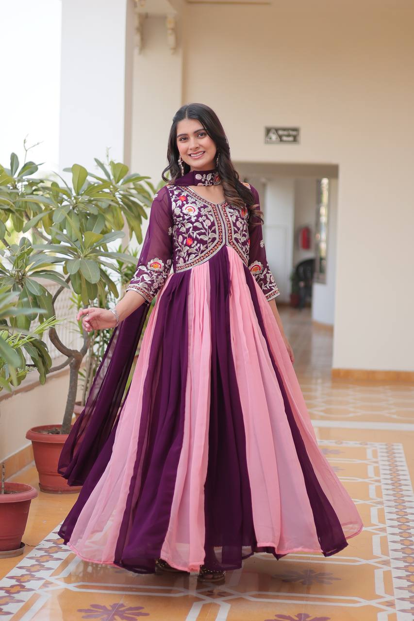 Spectacular Two Tone Faux Georgette Embroidered Gown With Dupatta