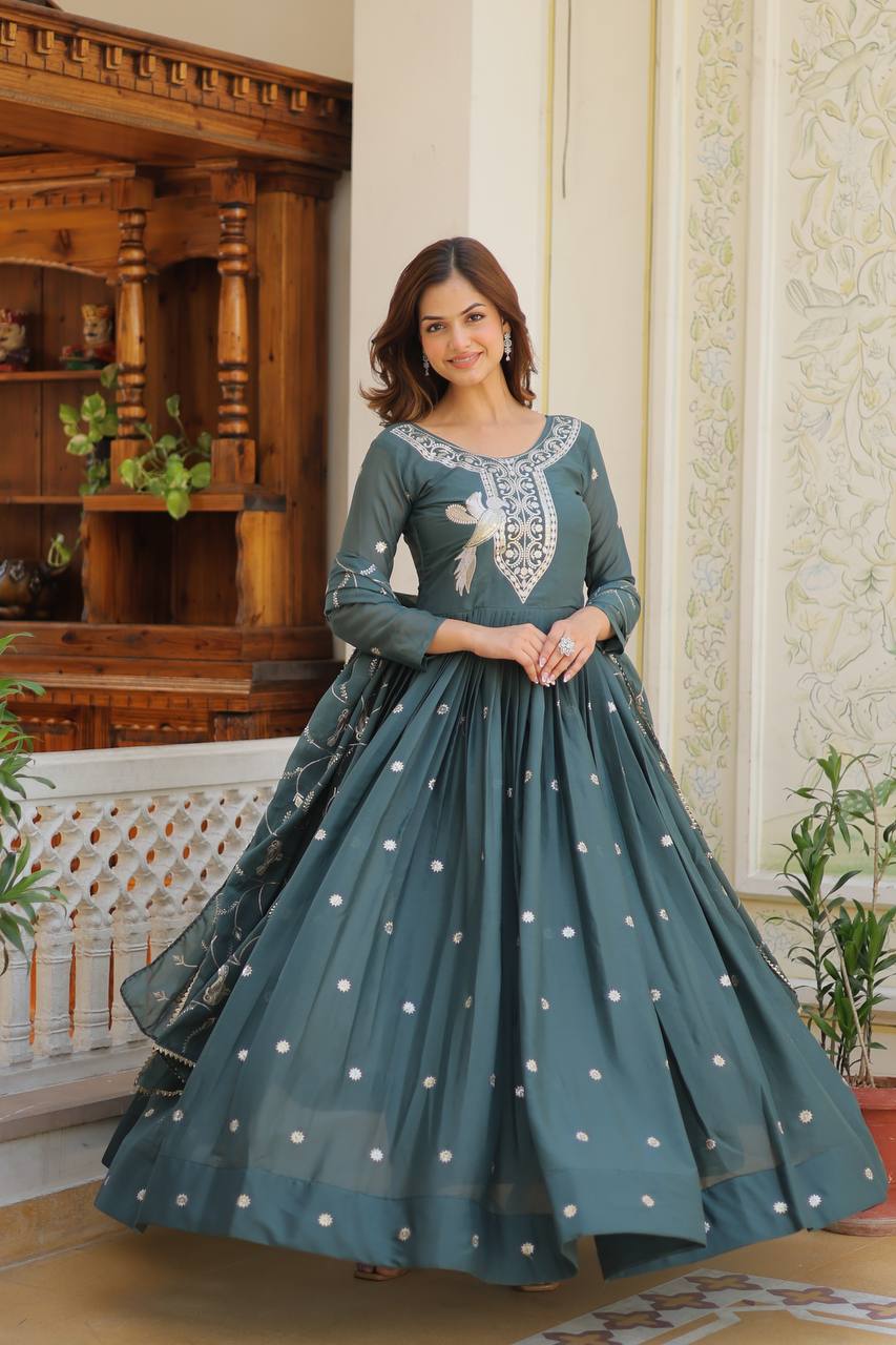Elegant Star Georgette Gown with Heavy Sequin Embroidery With Matching Dupatta