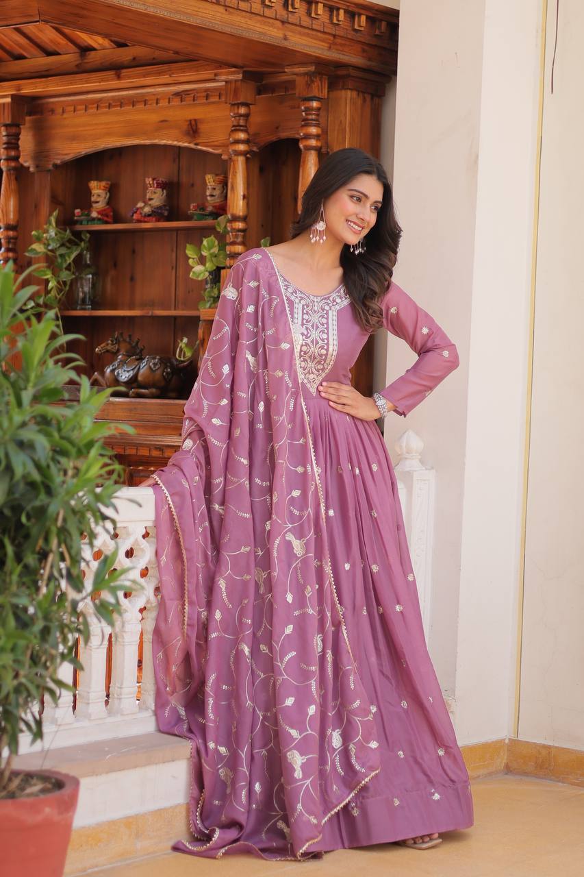 Elegant Star Georgette Gown with Heavy Sequin Embroidery With Matching Dupatta