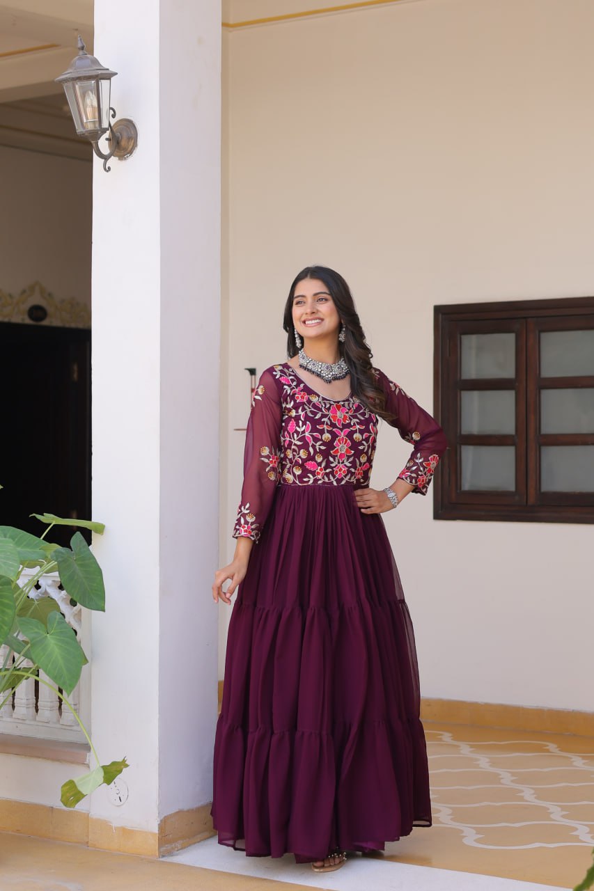 Luxurious Faux Georgette Gown with 3mm Sequence Thread Work