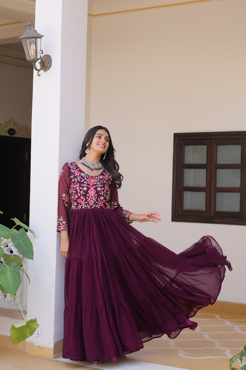 Luxurious Faux Georgette Gown with 3mm Sequence Thread Work