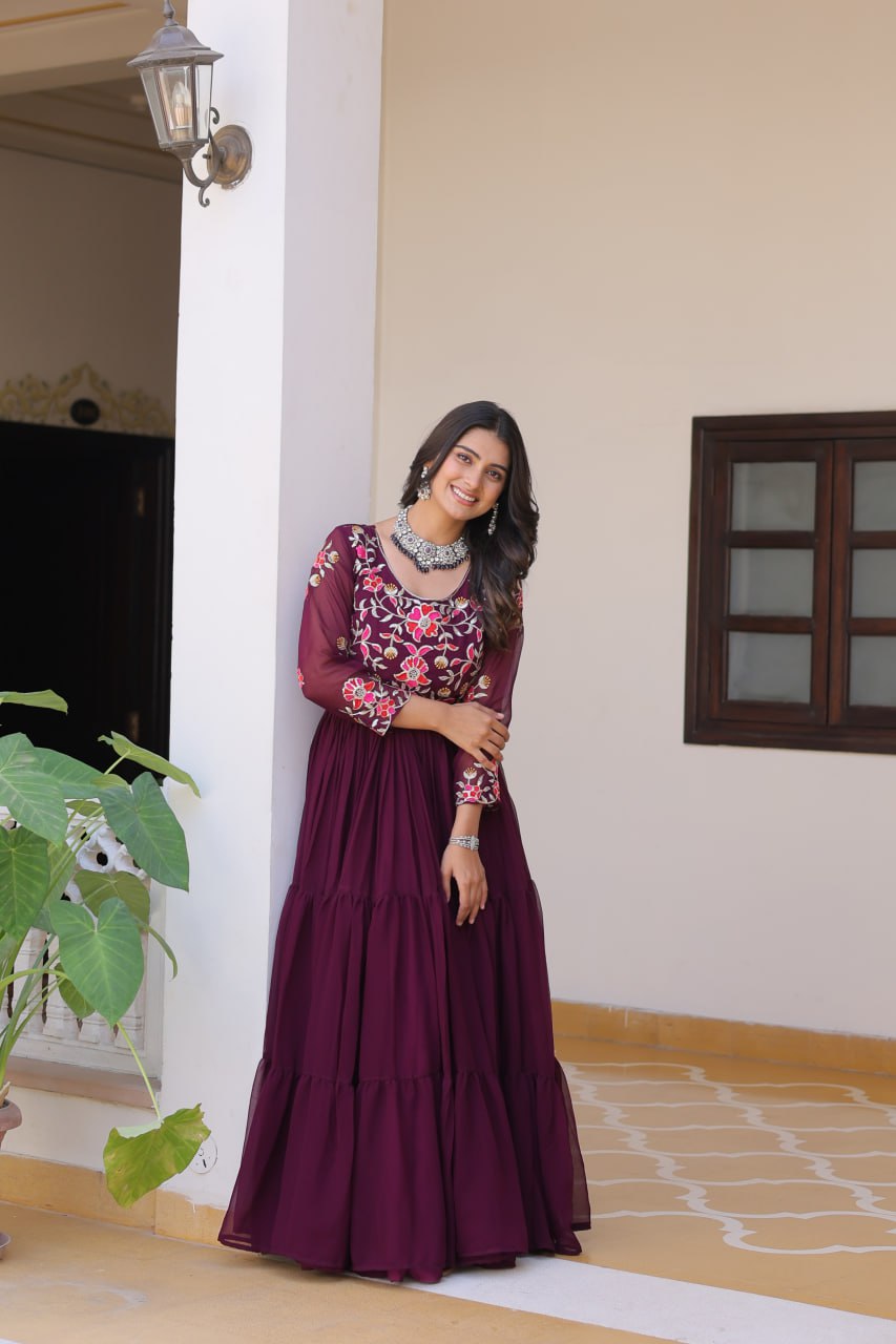 Luxurious Faux Georgette Gown with 3mm Sequence Thread Work