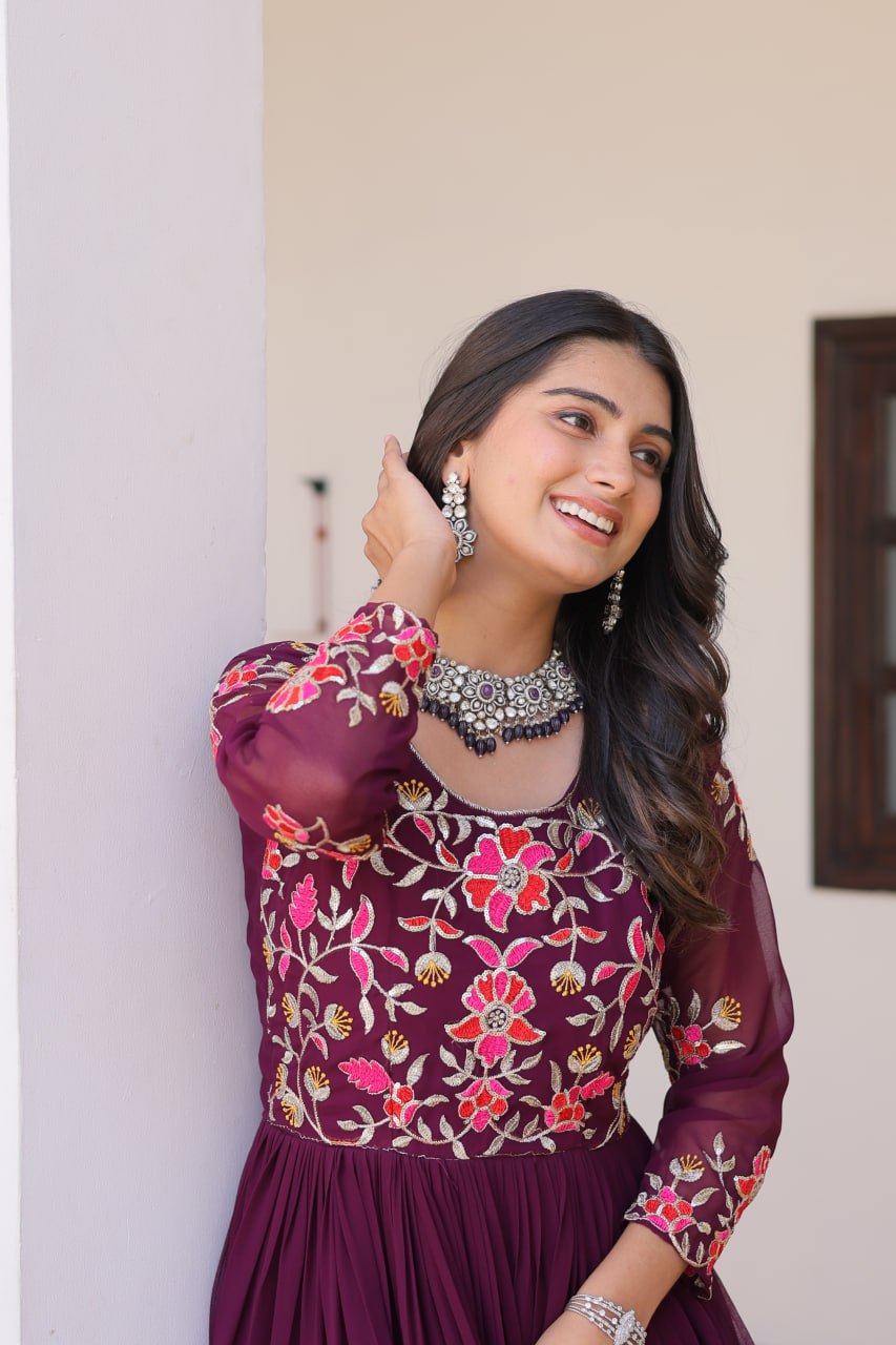 Luxurious Faux Georgette Gown with 3mm Sequence Thread Work