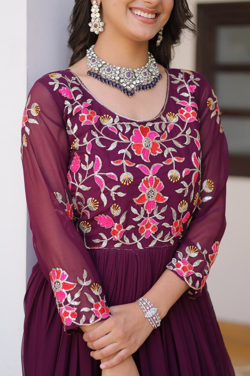 Luxurious Faux Georgette Gown with 3mm Sequence Thread Work