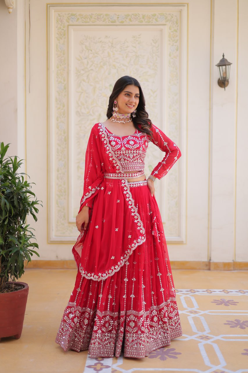Graceful Faux Georgette Heavy Sequins Embroidered Lehenga Choli