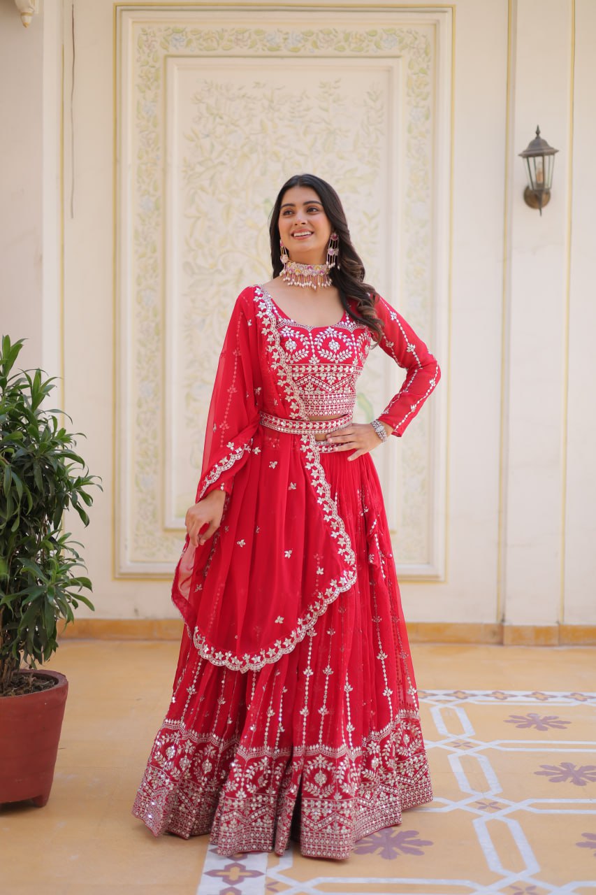 Graceful Faux Georgette Heavy Sequins Embroidered Lehenga Choli