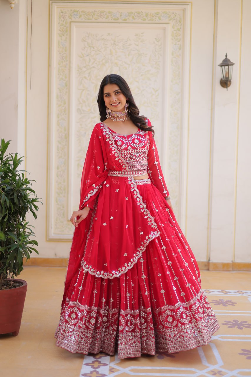 Graceful Faux Georgette Heavy Sequins Embroidered Lehenga Choli