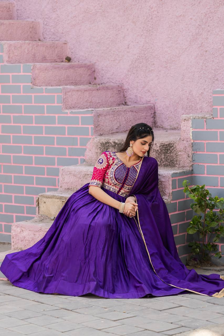 Elegant Pure Chinon Bandhej Gown with Heavy Sequence Embroidery Work