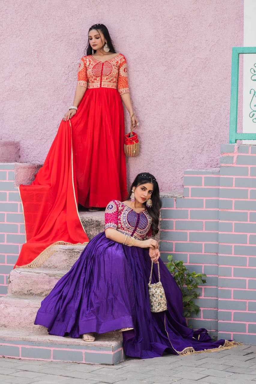 Elegant Pure Chinon Bandhej Gown with Heavy Sequence Embroidery Work
