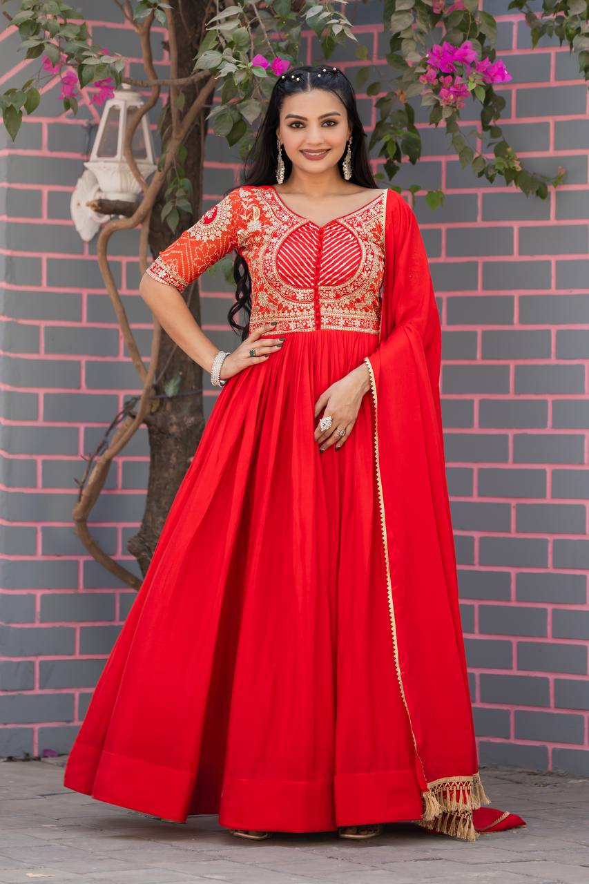 Elegant Pure Chinon Bandhej Gown with Heavy Sequence Embroidery Work
