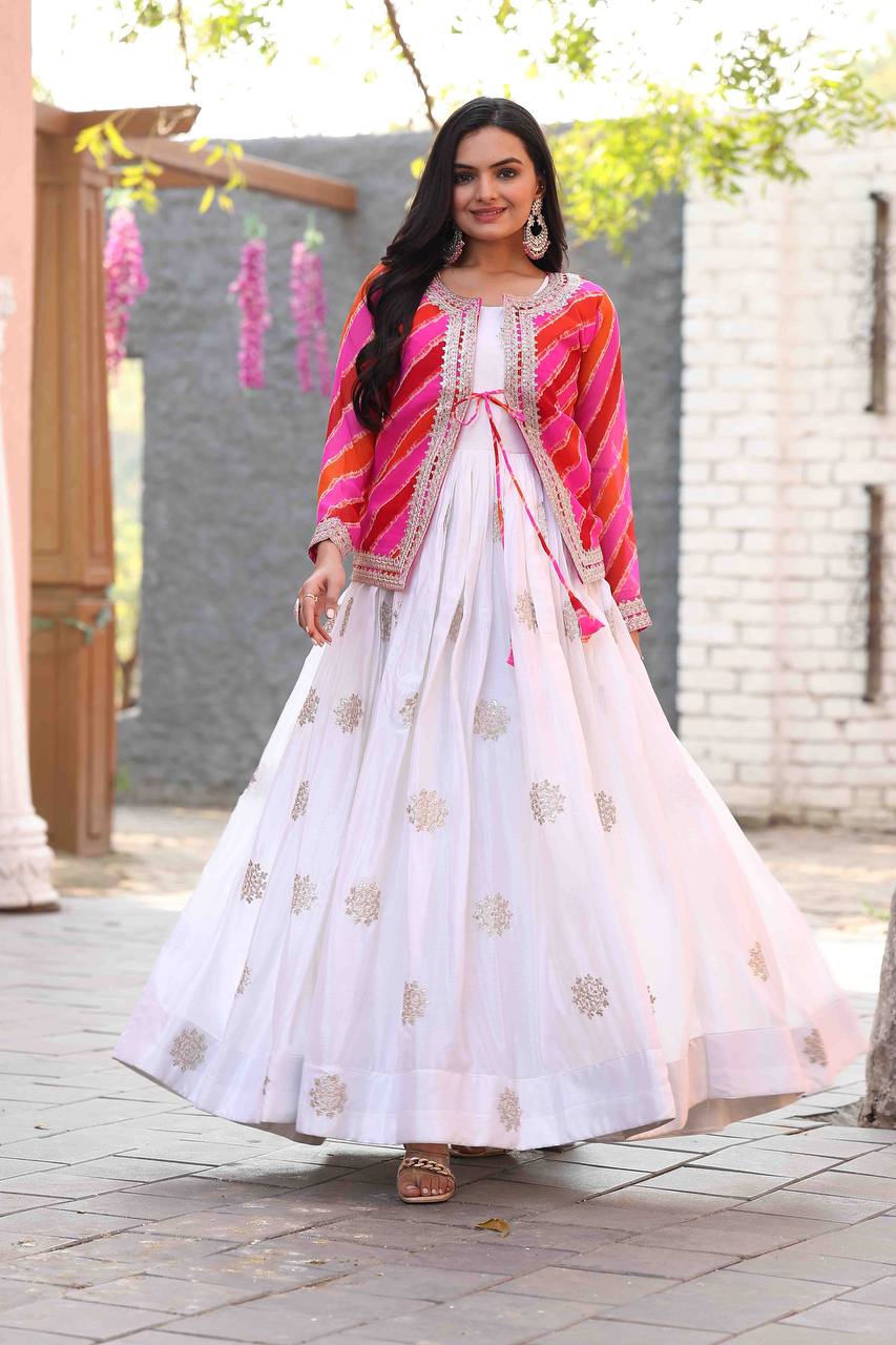 Chinon Gown with Leheriya Jacket – A Fusion of Modern Elegance & Traditional Charm