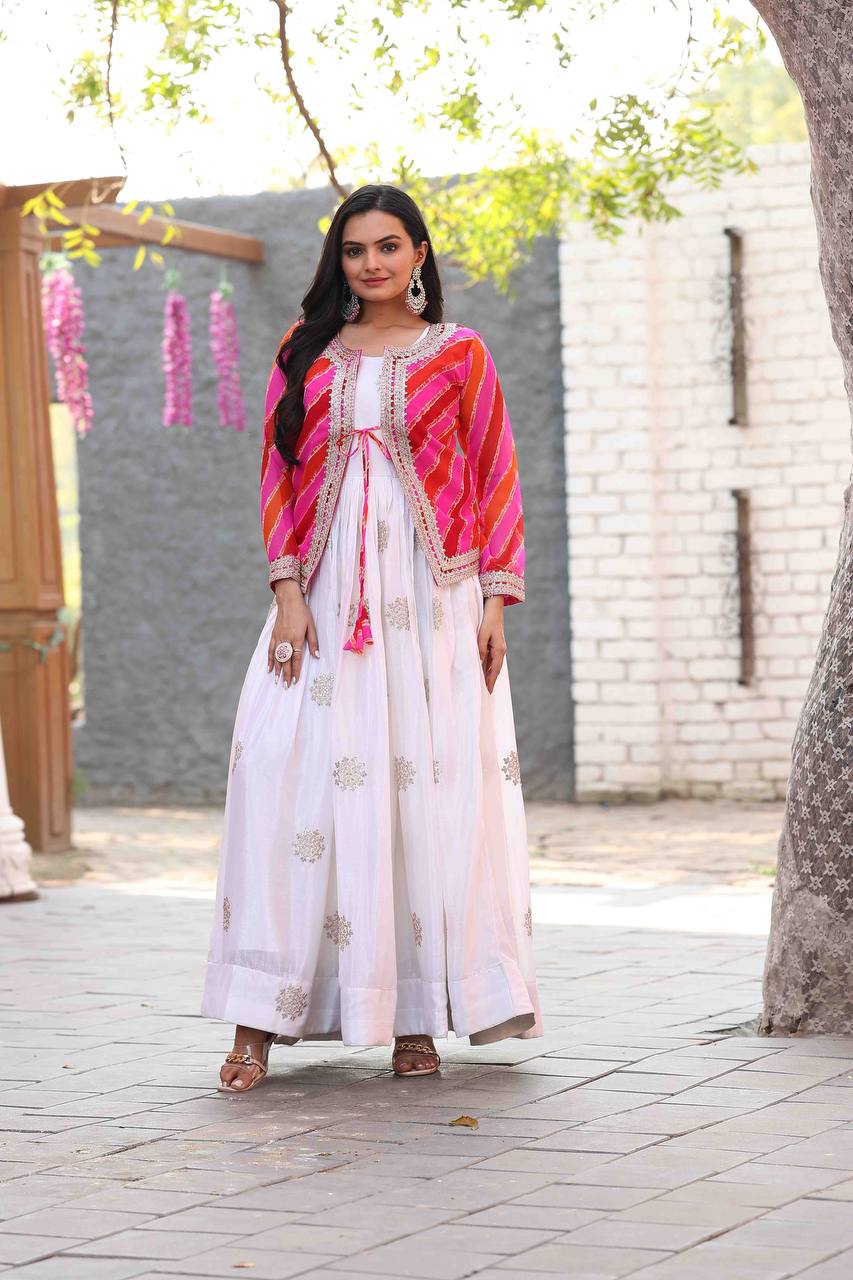 Chinon Gown with Leheriya Jacket – A Fusion of Modern Elegance & Traditional Charm