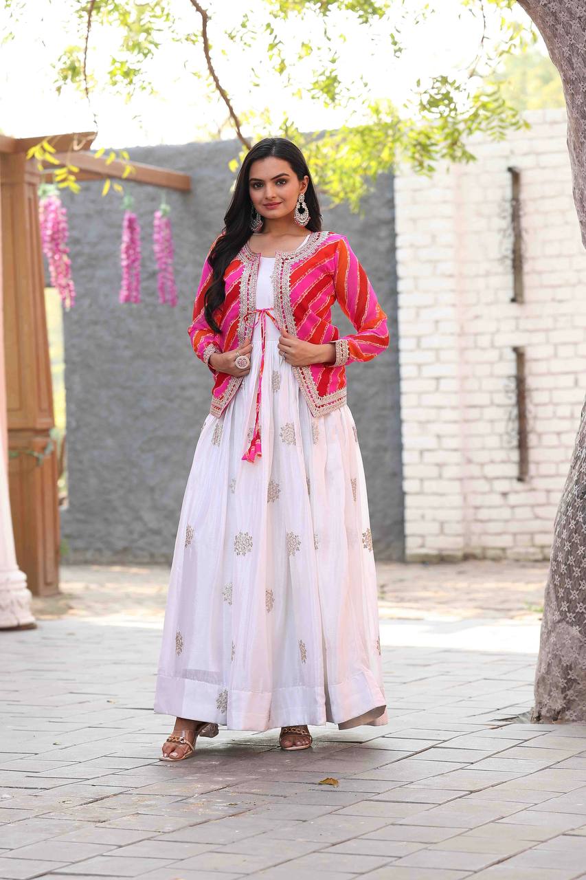 Chinon Gown with Leheriya Jacket – A Fusion of Modern Elegance & Traditional Charm