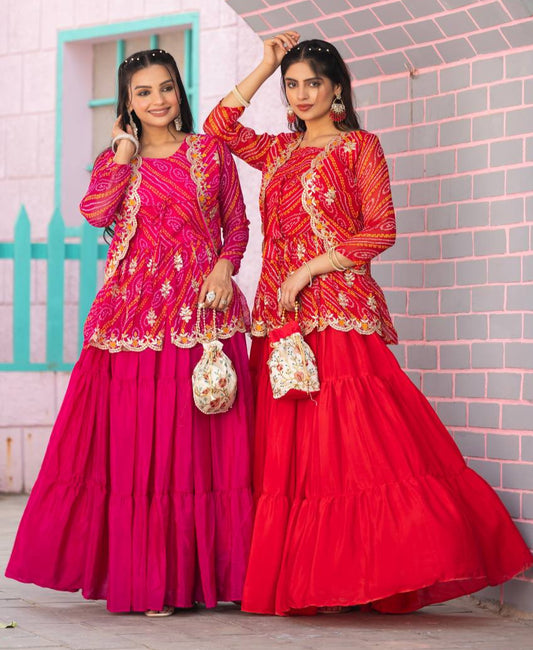 Elegant Bandhej Crop Top Lehenga & Jacket Set – A Perfect Fusion of Tradition & Style