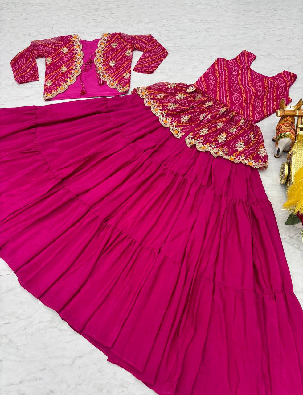 Elegant Bandhej Crop Top Lehenga & Jacket Set – A Perfect Fusion of Tradition & Style