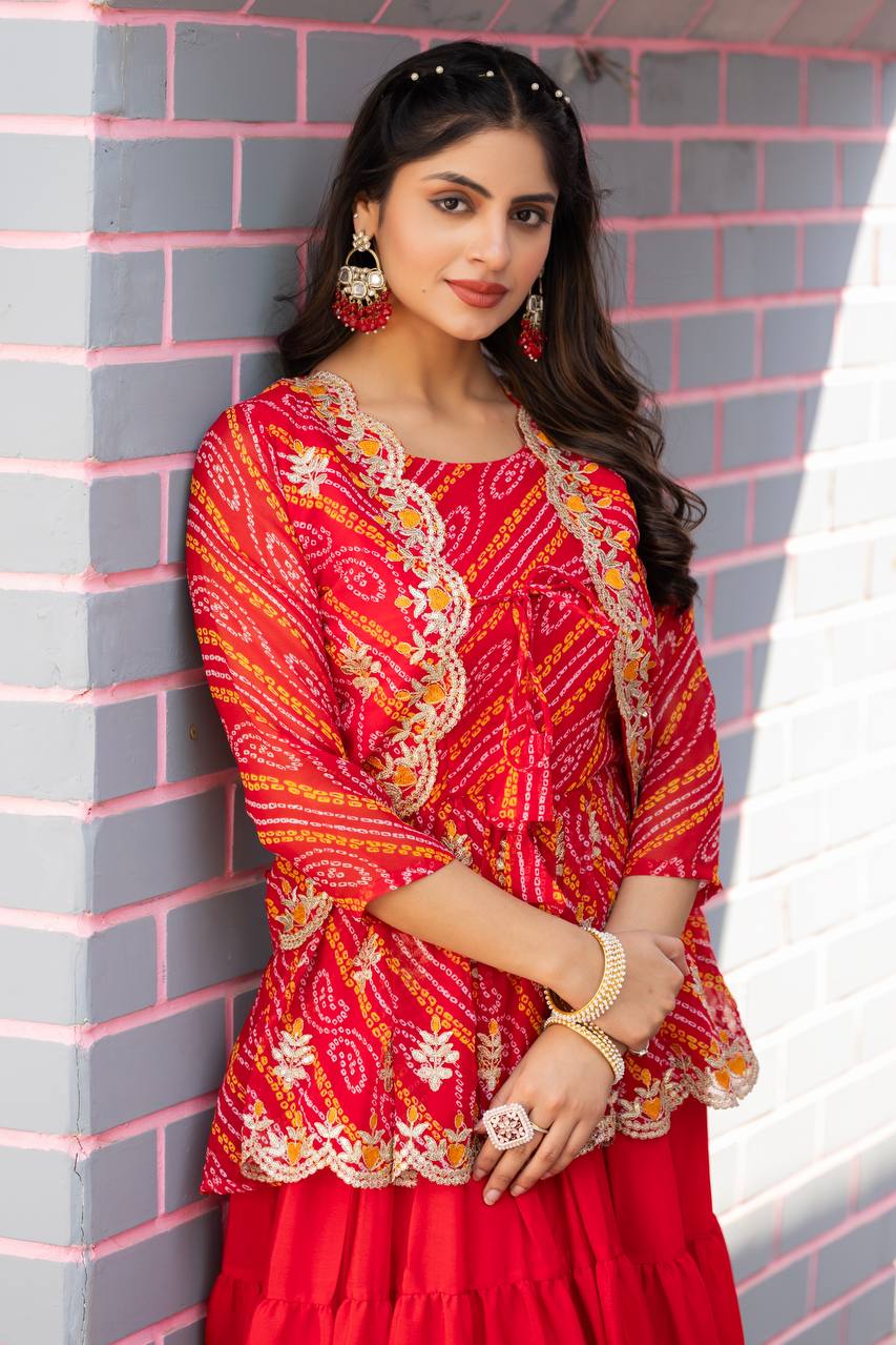 Elegant Bandhej Crop Top Lehenga & Jacket Set – A Perfect Fusion of Tradition & Style