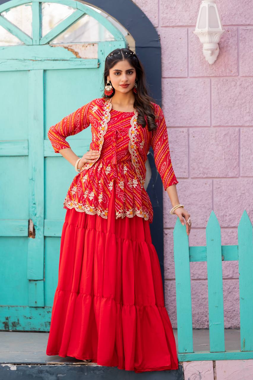Elegant Bandhej Crop Top Lehenga & Jacket Set – A Perfect Fusion of Tradition & Style