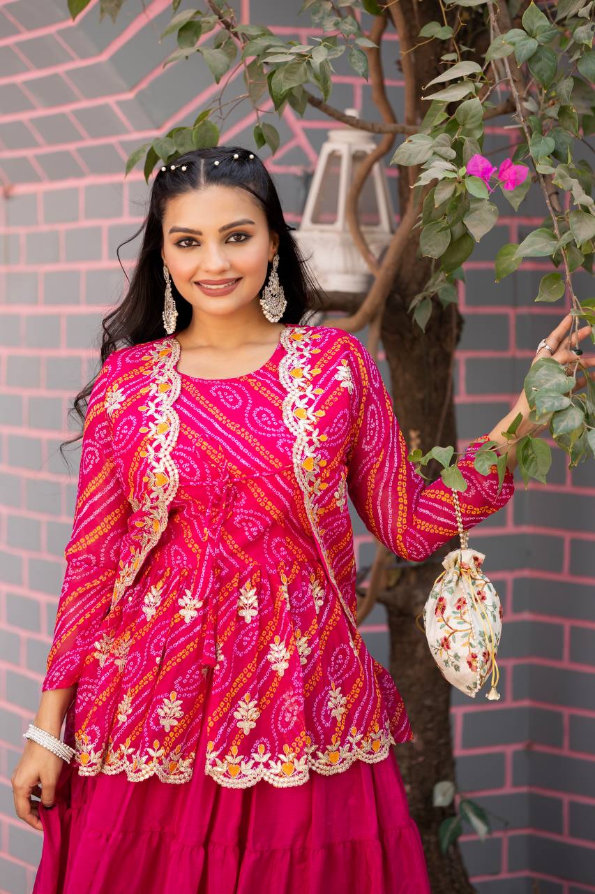 Elegant Bandhej Crop Top Lehenga & Jacket Set – A Perfect Fusion of Tradition & Style