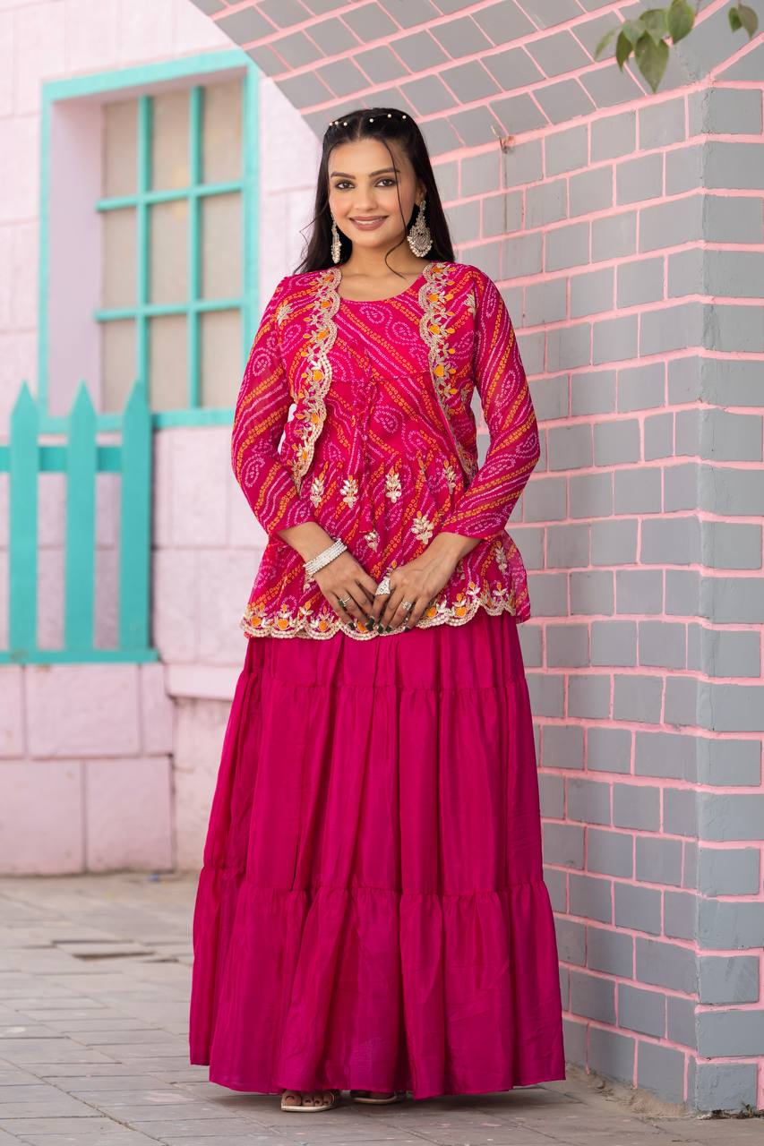 Elegant Bandhej Crop Top Lehenga & Jacket Set – A Perfect Fusion of Tradition & Style