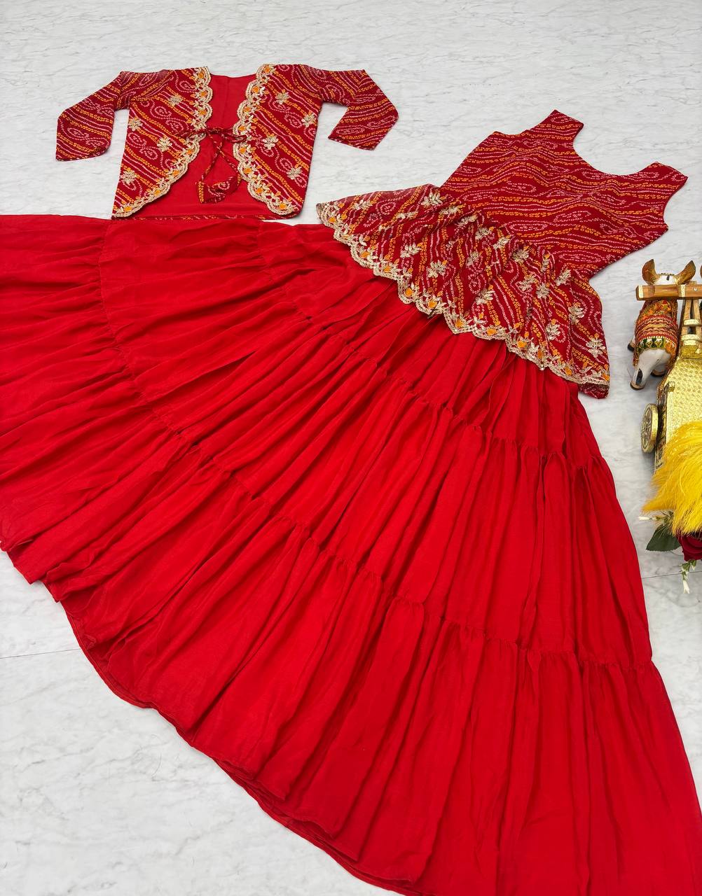 Elegant Bandhej Crop Top Lehenga & Jacket Set – A Perfect Fusion of Tradition & Style