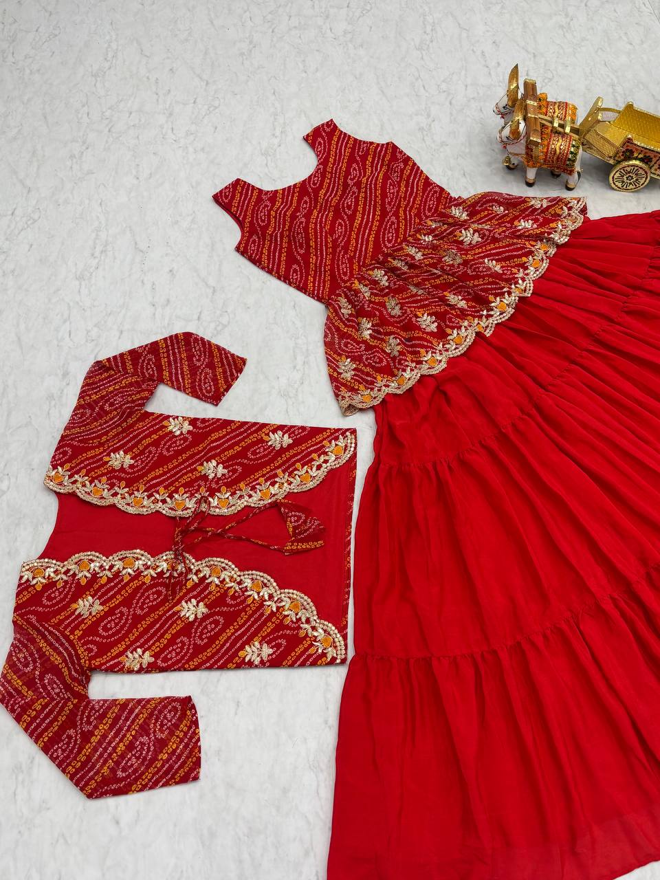 Elegant Bandhej Crop Top Lehenga & Jacket Set – A Perfect Fusion of Tradition & Style