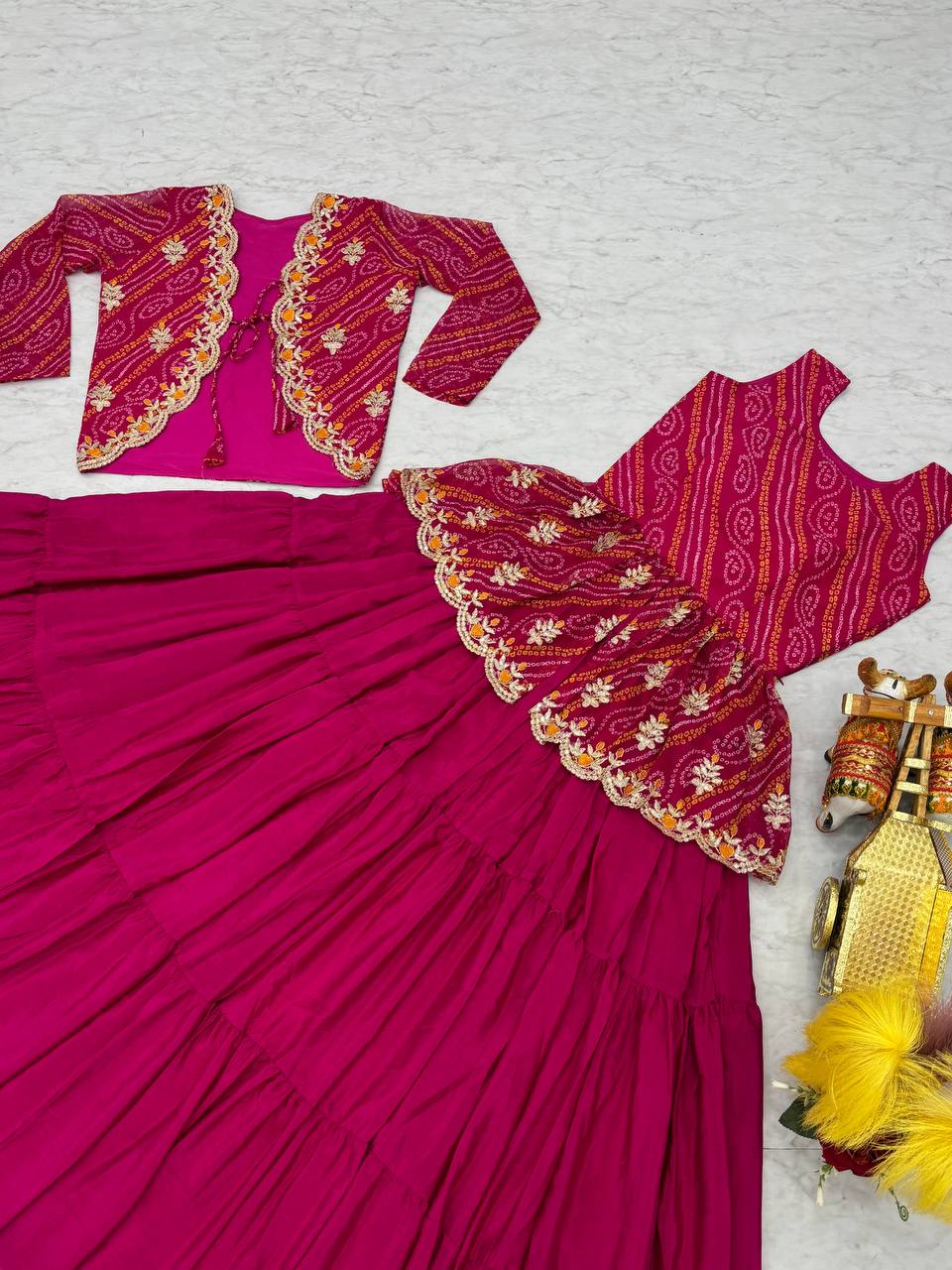 Elegant Bandhej Crop Top Lehenga & Jacket Set – A Perfect Fusion of Tradition & Style