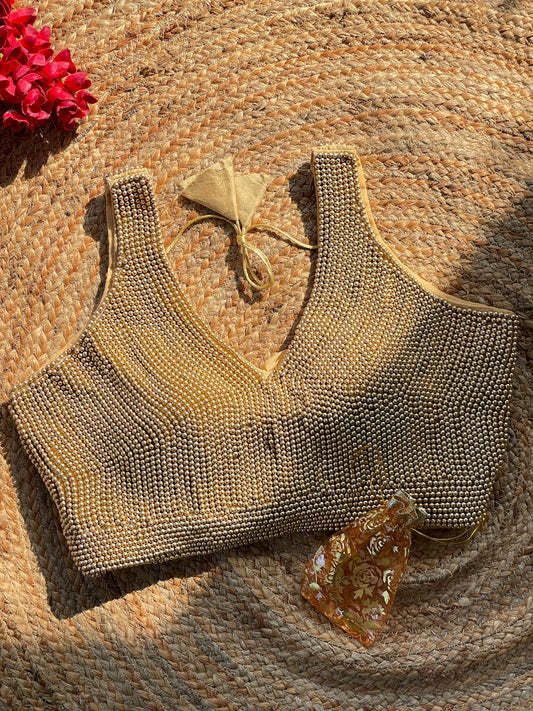 Spectacular Gold Purely Pearl Handcrafted Stitched Designer Blouse - INDIAN ELEGANCE